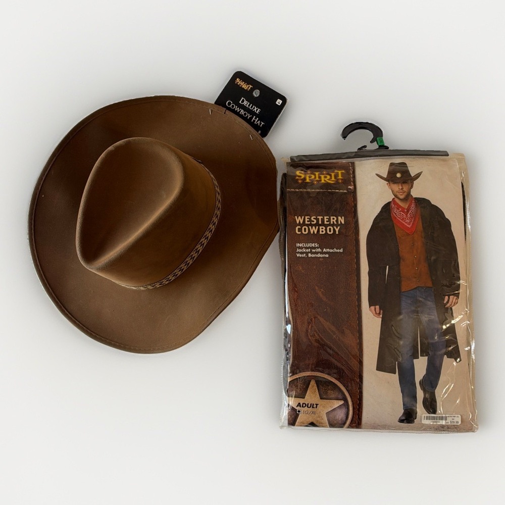 Spirit Halloween Western Cowboy Costume Hat Adult LG XL Jacket Vest Set Lot